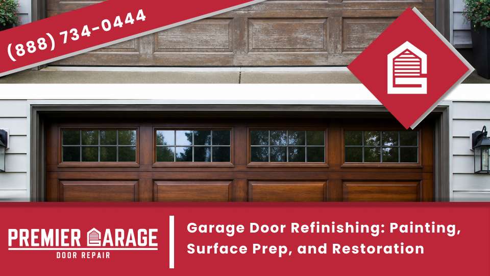 Garage door refinishing with garage door repainting on a faded garage door after garage door surface prep, for garage door refinishing near you.